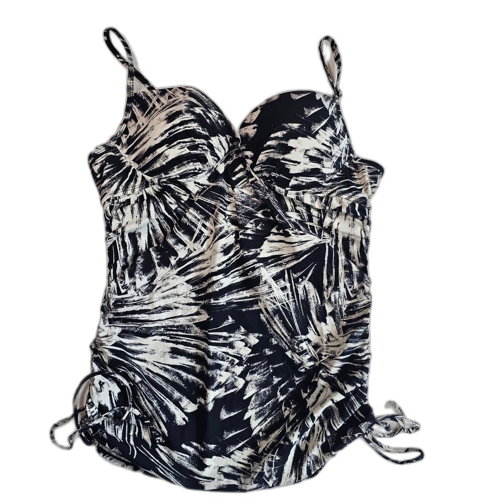 Spanx Assets Black & White Tankini Swimsuit Top w Underwire Padded Bra sz L